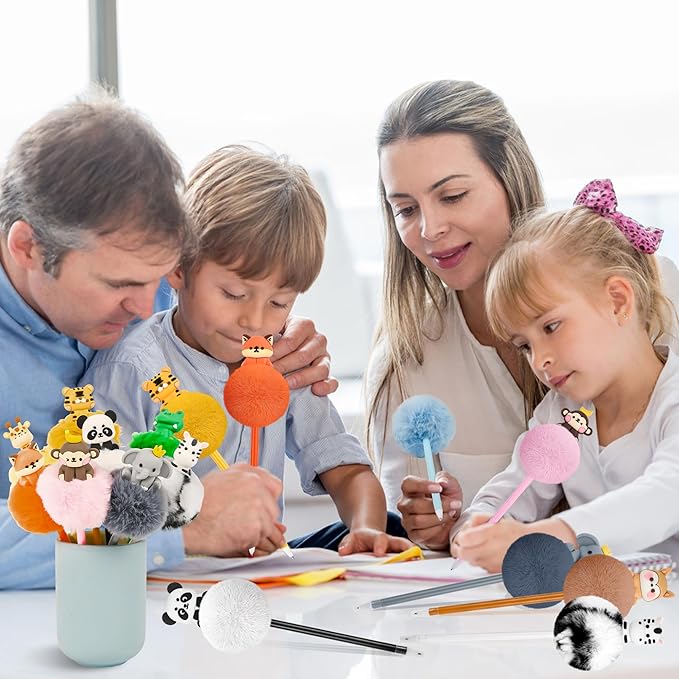 12 Pcs Pom Pom Pens with 3D Animals Fluffy Pen Cute Fun Kawaii Pens for Girl Colorful 3D Animals Shape Pompom Pen for Classroom Prizes Office Supplies