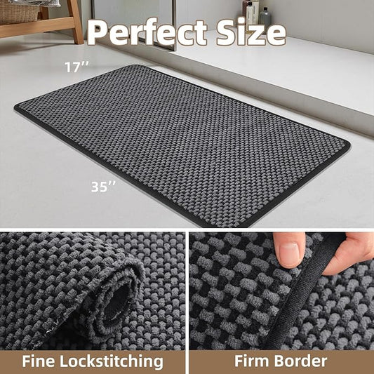 PADOOR-Bath Mat-Super Absorbent Chenille Bathroom Mats-Rubber Backed Bath Mats for Bathroom Non Slip, Easy Clean Bathroom Rugs Front of Bathtub,Shower Room,Sink-17×35, Darkgrey&Black
