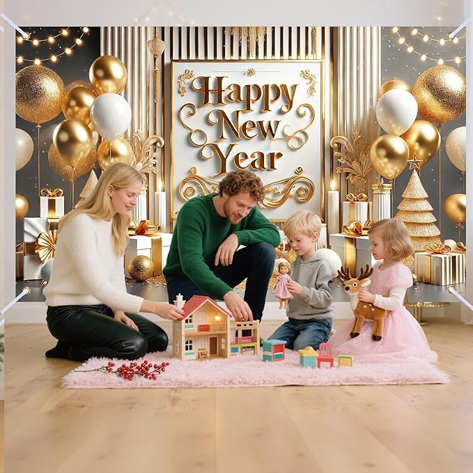 Nuxovilar Happy New Year Banner, Vintage Frame Golden Balloons Backdrop for Party Decorations, 71x43 Inch