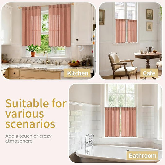 YoungsTex Rust Terracotta Linen Curtains 40 Inch Length, Short Burnt Orange Drapes with Rod Pocket Back Tab Light Filtering for Bathroom Living Room Windows, 2 Panels, 42 X 40 Inch