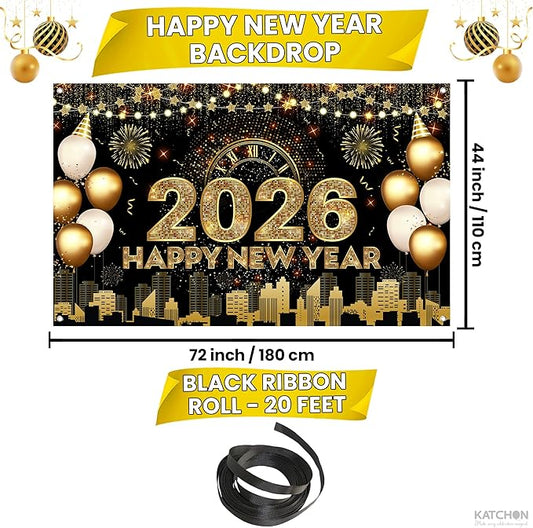 Katchon, Xtralarge Happy New Year Banner - 72x44 Inch | Gold Happy New Year 2026 Banner for New Years Decorations 2026 | NYE Backdrop for New Years Eve Party Supplies 2026 | NYE Decorations 2026