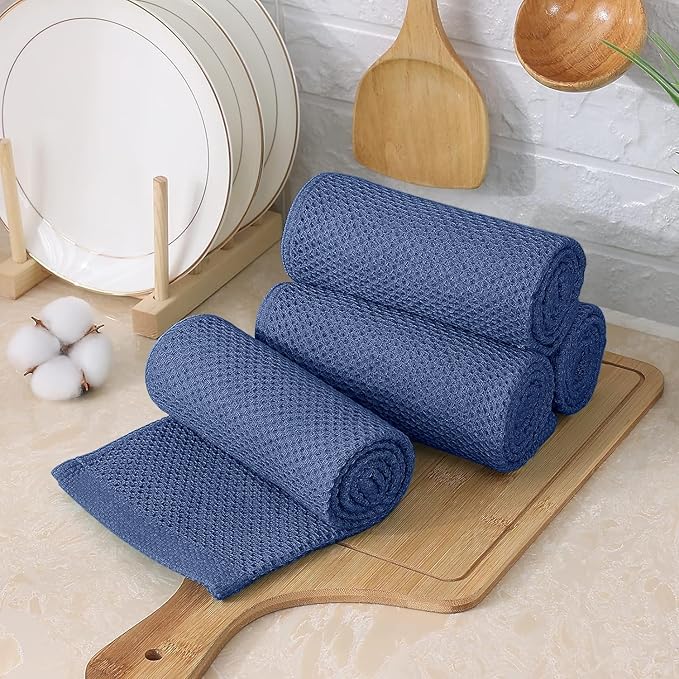 Kitinjoy 100% Cotton Kitchen Towels and Dishcloths Set, 12 Pack Waffle Weave Dish Towels Ultra Soft Absorbent Quick Drying Dish Rags, 13 x 28 Inch and 12 X 12 Inch, Navy Blue