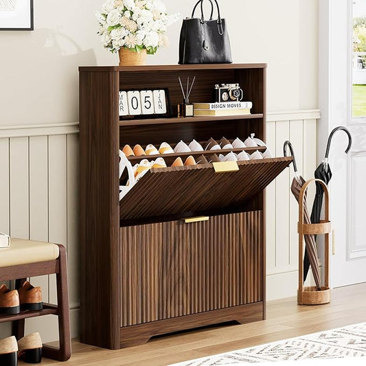 Rainbow Home Oregon Shoe Storage Cabinet, 31.6" W Narrow Fluted Design with 2 Flip Drawers, Walnut Freestanding Organizer for Entryway, Foyer, Hallway | Mid Century Modern (2 Flip Drawers)