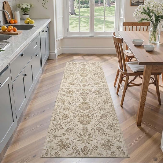 jinchan Runner Rugs 2x5 - Vintage-Inspired Floral Neutral Design Machine Washable Non-Slip Ultra-Thin Low-Pile Rubber Backing Runner Rug for Kitchen Hallway Laundry Room Entryway Taupe