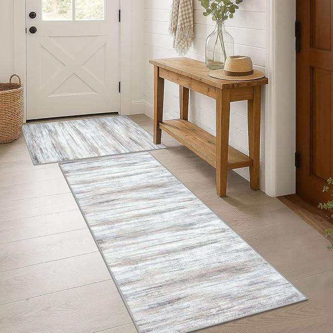 KOZYFLY Modern Abstract 2PCS 2x3 and 2x6 Rugs Beige Machine Washable Area Rug for Bedroom Non-Slip Living Room Rug, Faux Wool Soft Low Pile Office Carpet for Dining Room, Bedroom, Kitchen Bathroom