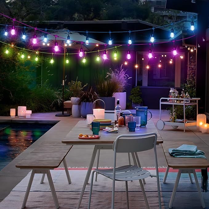 50FT RGB Solar Outdoor String Lights with Remote, Dimmable Waterproof Patio Lights with 15 LED Shatterproof Edison Bulbs for Backyard-Black