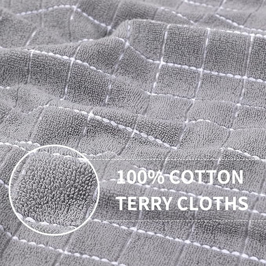 Homaxy 100% Cotton Terry Kitchen Towels(Light Grey, 13 x 28 Inches), Checkered Designed, Soft and Super Absorbent Dish Towels, 4 Pack