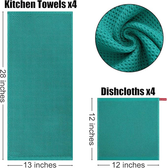 Kitinjoy 100% Cotton Kitchen Towels and Dishcloths Set, 8 Pack Waffle Weave Dish Towels Ultra Soft Absorbent Quick Drying Dish Rags, 13 x 28 Inch and 12 X 12 Inch, Teal