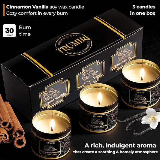 Vanilla Candle with Cinnamon Strong Scented Soy Candel Clean Non Toxic Velas Aromáticas for Women Gift for Fall Christmas Holidays Pack of 3 5Oz Decorative Tin Jars with Lids
