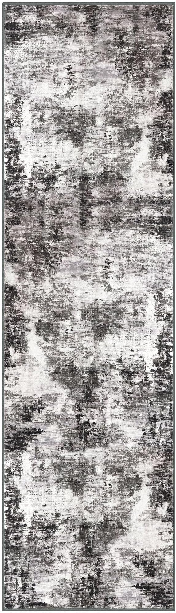 Modern Abstract Runner Rug for Bedroom 2x7, Black Grey Washable Kitchen Runner, Non-Slip Soft Thin Faux Wool Mat for Entryway, Hallway, Laundry Room Indoor