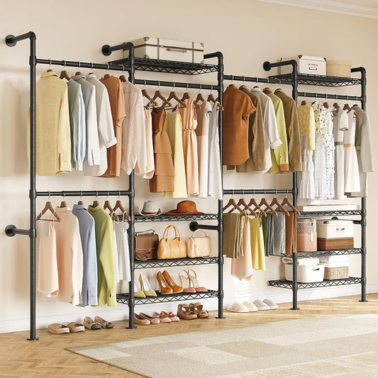 H4 Wall Mounted Closet System, Expandable Industrial Pipe Clothes Rack Clothing Rack for Hanging Clothes, Heavy Duty Closet Organizers and Storage in Wardrobe Closet