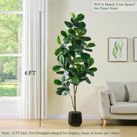 Artificial Fiddle Leaf Fig Tree:6FT Tall Faux Ficus Lyrata Plant Fake Fig Trees Realistic Green Silk Large Leaves with Natural Trunks & Pebbles in Black Planter for Indoor Outdoor Office Home.