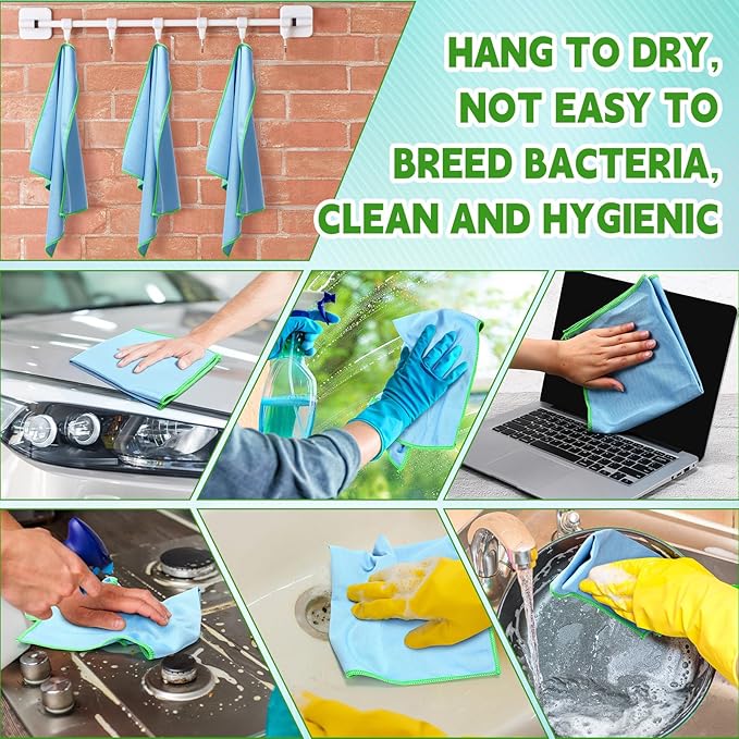 Maxcheck 24 Pack Magic Cleaning Cloth, 16 x 16 Inch Microfiber Glass Cleaning Cloths Reusable Lint Free Microfiber Towels for Kitchen Dish, Windows, Mirror, Glass, Car(Blue)