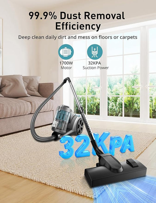 Aspiron 1700W Canister Vacuum Cleaner, 32Kpa Bagless Vacuum Cleaner, Multi-Cyclonic Filtration, 2 Anti-Allergen HEPA Filters, 3.5QT Dust Cup, 4 Tools, Corded Vacuum for Hard Floor, Pet Hair, Cyan