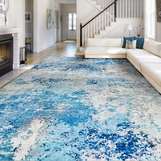 10x14 Area Rugs Living Room Rug - Washable Neutral Modern Abstract Large No Slip Soft Thin Rug Indoor Floor Carpet for Bedroom Under Dining Table Home Office Nursery Room - Blue White