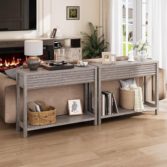 BREEZEHEAT 40" Fluted Console Table with 2 Drawers, Modern Wood 2 Tier Entryway Table with Storage Shelf, Narrow Sofa Table Behind Couch Accent Table for Entrance Foyer, Hallway, Living Room, Gray