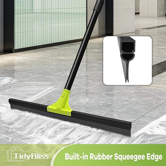 Floor Squeegee Heavy Duty, 24” Rubber Foam Water Scraper Broom, Epoxy Wiper Mop with 62 inches Long Handle for Cleaning Concrete Pool Rug Garage Deck Shower Window Outdoor Indoor (Green)