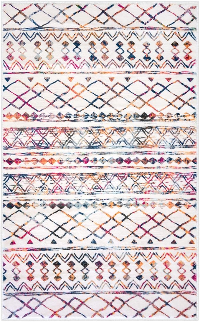 KUTA Boho Living Room Rug 8x10, Moroccan Multi-Color Washable Area Rugs Non Slip, Ultra Soft Print Distressed Geometric Low-Pile Throw Carpet for Bedroom Nursery Dorm Decor