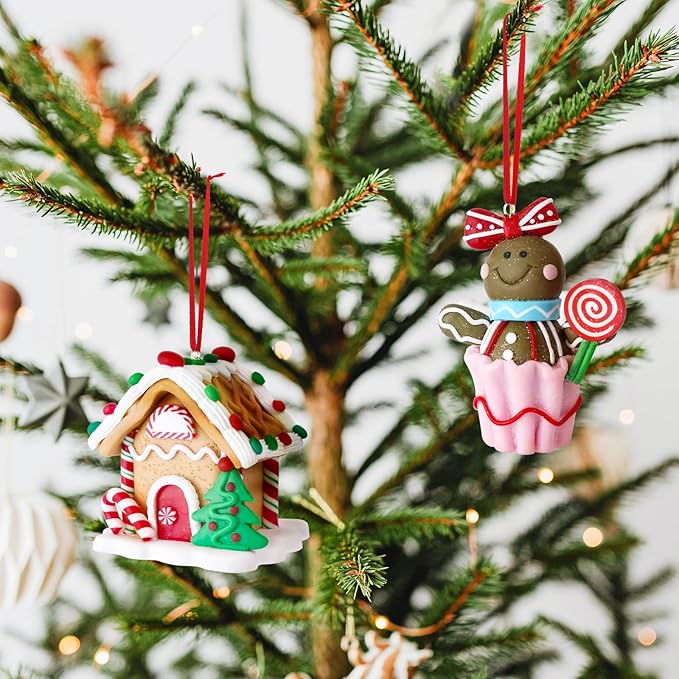 Set of 2 Christmas Tree Decorations, Gingerbread House & Gingerbread Man Christmas Ornaments, Claydough Xmas Hanging Decor for New Year Party Wedding Home