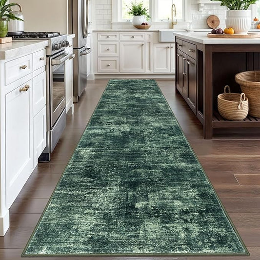 IOHOUZE Abstract Runner Rug 3x12 Ft Washable Runners for Hallways, Non Slip Kitchen Runner Printed Faux Wool Entryway Runner Indoor, Modern Abstract Floor Carpet for Hall Kitchen, Dark Green