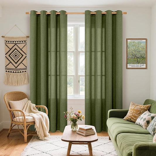 YoungsTex Dark Olive Green Linen Curtains for Living Room 84 Inch Length, Light Filtering Drapes with Bronze Grommet Natural Window Treatments for Dining Bedroom, 2 Panels, 52 X 84 Inch