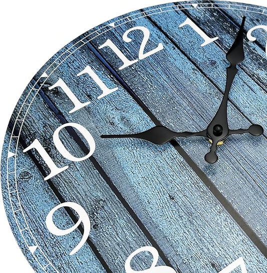 Plumeet Small Wall Clock, 10'' Frameless Wooden Wall Clocks with Silent Quartz Movement, Rustic Coastal Country Village Clocks Decorative for Kitchen Bedroom Living Room, Blue