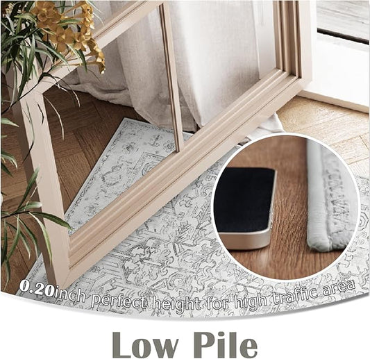 jinchan Hallway Runner Rug 2x8 Washable - Vintage Floral Non Slip Low-Pile Soft Ultra-Thin Faux Wool Kitchen Rug Distressed Carpet Runner for Farmhouse Bedroom Laundry (2x8ft,Grey)