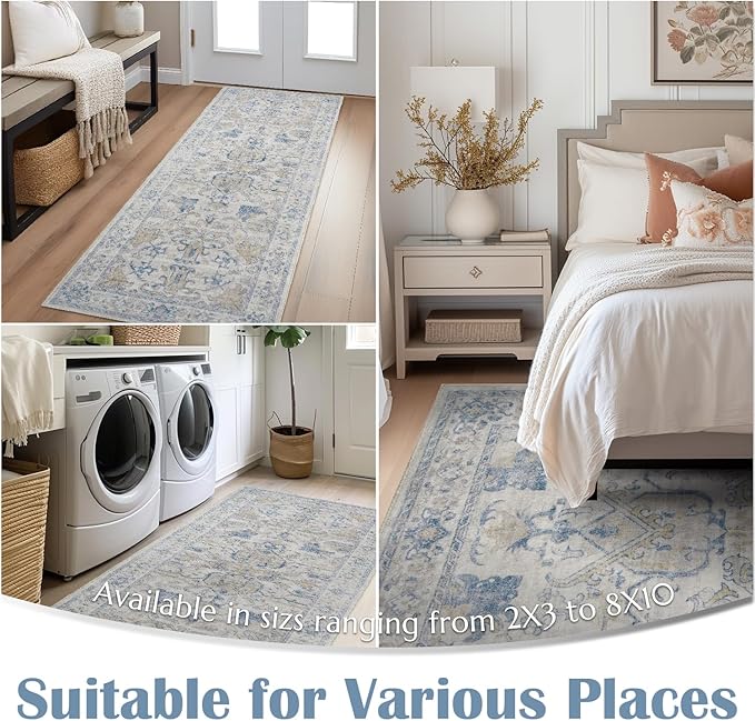 jinchan 4x6 Machine Washable Area Rugs Ultra-Thin Soft Throw Rug Low Pile Non-Slip Stain Resistant Distressed Vintage Floral Carpet for Bedroom,Living Room,Dining Room,Kitchen,Nursery(4x6ft,Blue)