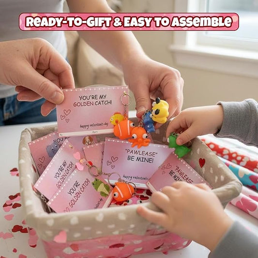 4E's Novelty 24 Pack Valentines Cards with Popping Eye Animals, Pop Out Eyes Squeeze Toy Keychain with Cards, Valentines Day Gifts for Kids Classroom Exchange for Kids Party Favors Bulk