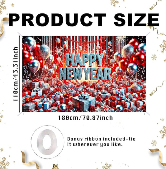 Nuxovilar Happy New Year Banner, Red Blue Balloons Dense Backdrop for Party Decorations, 71x43 Inch