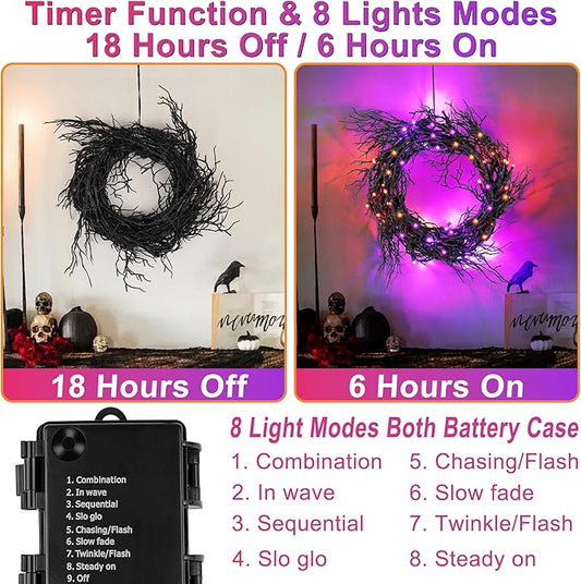 6 FT Halloween Black Garland Willow Vine Twig Decor with Orange & Purple Light, 8 Modes & Timer Battery Operated Waterproof Halloween Decorations Indoor for Mantle Fireplace Home Party Decor