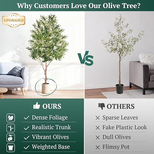 Large Olive Trees Artificial Indoor, Upgraded 7FT Faux Olive Tree with Natural Wood Trunk and Lifelike Fruits, White Tall Planter, Modern Artificial Plants for Home/Office Decor Gifts