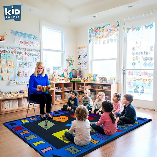 Shapes with The Alphabet Classroom Rug 7'6" x 12' Rectangle, Educational Classroom Rug, Kids Learning Play Mat | Area Rug for Bedroom or Playroom