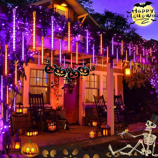Halloween Lights Outdoor, 2 Pack Extendable Meteor Shower Lights Outdoor Waterproof with Timer, Total 384 LED 30cm 16 Tubes Cascading String Light Plug in for Halloween Yard Party (Orange and Purple)