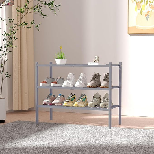 3 Tier Bamboo Shoe Rack for Closet Free Standing Wood Shoe Shelf Storage Organizer for Entryway Small Space Stackable 27"x11"x20" (Grey)