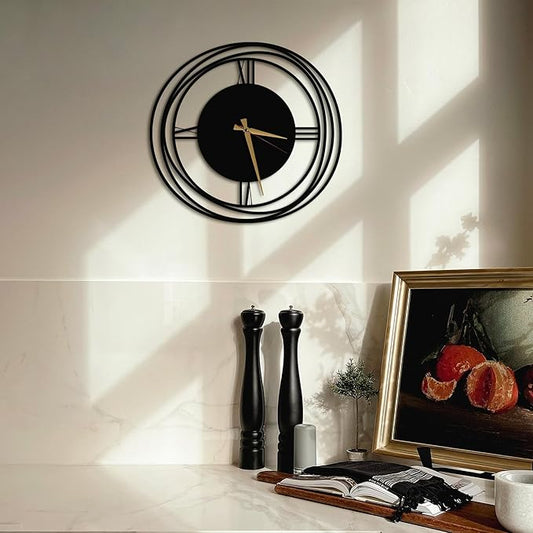 Circular Harmony Wall Clock – 28 Inch XL, Ultra-Quiet Quartz, Black Metal Statement Minimalist Clock for Loft, Hallway, Living Room