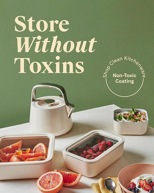 Caraway 3pc Glass Food Storage Set - 10, 6.6, & 4.4 Cup Containers - Ceramic Coated - Non-Toxic Non-Stick Lunch Box With Glass Lids - Dishwasher, Oven, & Microwave Safe - Perracotta