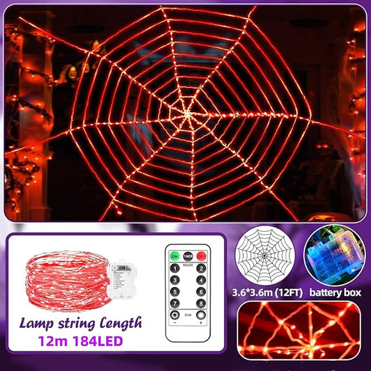 144 LED Round Halloween Spider Web Lights Decoration, 3.6 m Giant Net Light Fairy Lights with Remote Control Light Net Decoration Outdoor Indoor - Red
