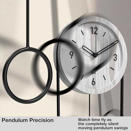 Driini Decorative Wall Clock with Pendulum (White) – Modern Wood, 3D Black Numbers, Metal Frame – Small, Unique Wall Clocks for Living Room Decor or Bathroom - Battery Operated, Silent, Non-Ticking