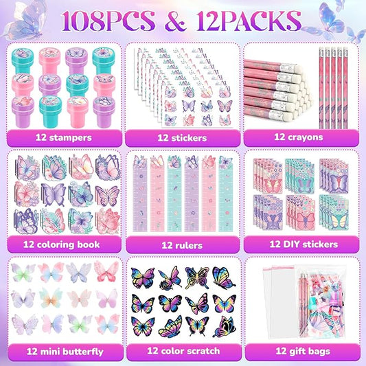 BenLouis 108Pcs Butterfly Party Favors Butterfly Fairy School Stationery Set Bulk for Kids Spring Flower Tea Birthday Birthday Goodie Bag Stuffers Classroom Gifts Rewards Pinata Filler