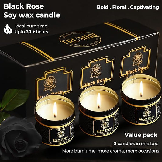 Black Rose Candle Strong Scented Soy Candel Clean Non Toxic Velas Aromáticas Gift for Women 5Oz Decorative Tin Jars with Lids Pack of 3