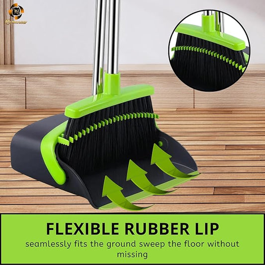 Standing Broom and Dustpan Set, Built-in Scraper Teeth, No-Slip Grip, Dust Collection Tray for Home, Office, Lobby, and Outdoor, Adjustable Handle from 38.18" to 52" (Black & Green)