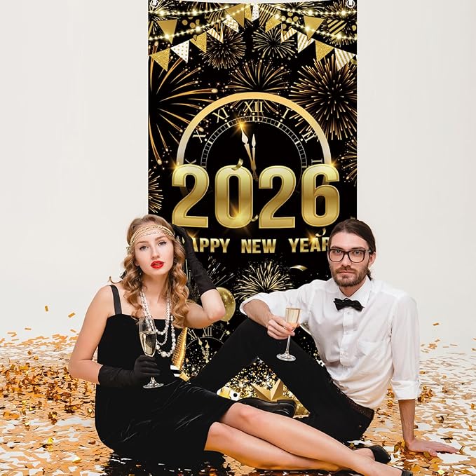 MEHOFOND 2026 Happy New Year Door Cover, Black and Gold New Year Front Door Party Decorations, Cheers to 2026 Hello 2026 Fireworks Champagne Balloon Decor Holiday Party Photo Booth Props