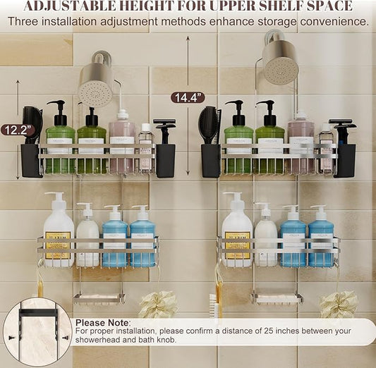 Shower Caddy Hanging for Bathroom Organizers and Storage, Adjustable Anti-Swing Shower Organizer for Wall-Mounted Showerhead with Heavy-Duty Suction Cups, Damage-Free Rustproof (Chrome)