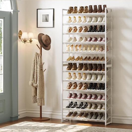 Shoe Rack,12 Tier Metal Shoe Organizer,Max Holds 60 Pairs,Heavy Duty Shoes Shelf for Garage, Entryway, Closet,White