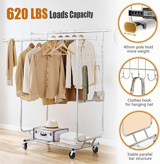Heavy Duty Clothes Rack Load 620 LBS Metal Garment Clothing Rack Hang 300 pieces of clothing on Wheels Collapsible Rolling Portable & Adjustable Double Rod with Hook for Hanging Clothes