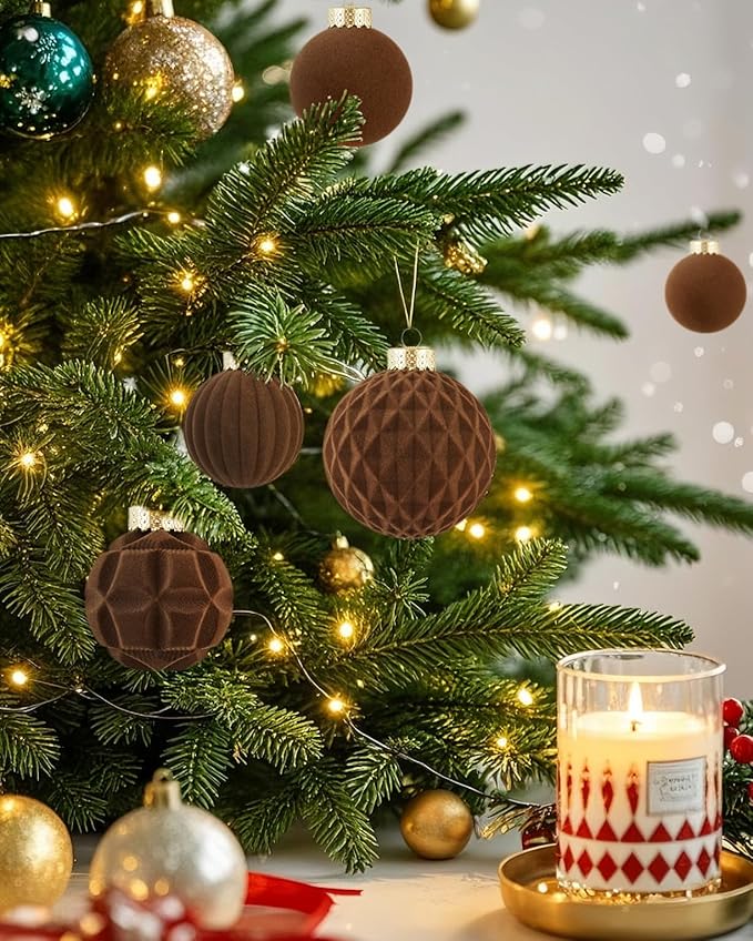Velvet Christmas Ball Ornaments Set-46pcs Flocked Shatterproof Christmas Tree Decorations Plastic Xmas Decorative Hanging Ornaments for Xmas Holiday Home Decor,3 Sizes(Brown)