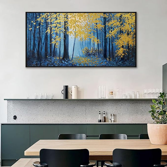 KLAKLA Blue and Gold Tree Wall Art - Birch Tree Forest Painting Pictures Framed Artwork for Living Room Bedroom Office Canvas Print Art Gorgeous Landscape Wall Art Home Decoration - 48x24 Inches