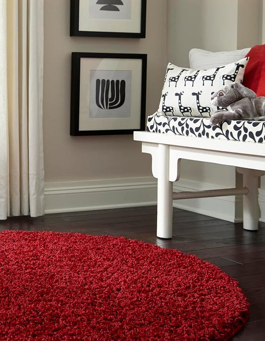 Unique Loom Solid Shag Collection Area Rug (7' 1" Round, Cherry Red)