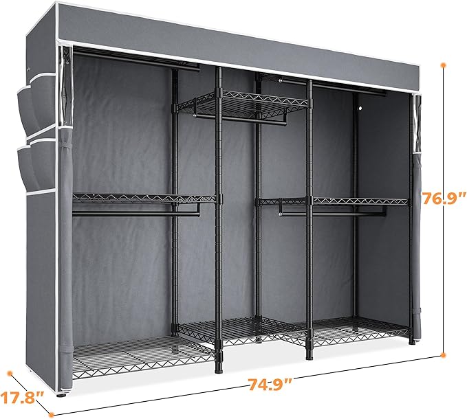 Raybee Clothes Rack with Cover,Clothing Racks for Hanging Clothes,Portable Closet, Adjustable,Metal,Max Load 900lbs,Black